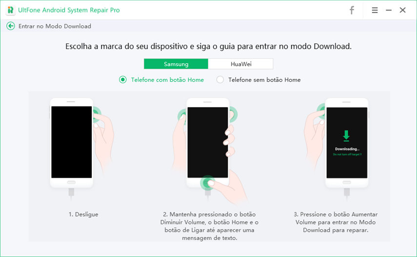 entre no modo de download no Samsung com o botão home