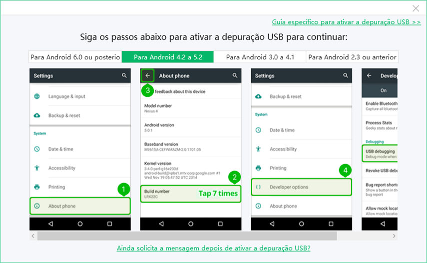 habilitar depuração usb no Android 4.2