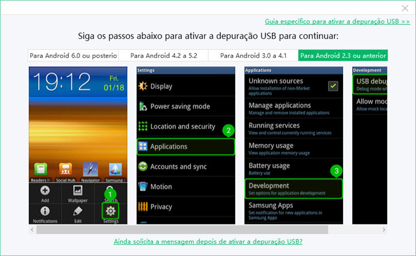 habilitar depuração usb no Android 2.3