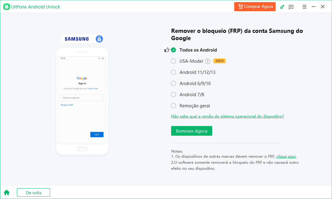 Todas as versões do Android para remover o bloqueio FRP da Samsung