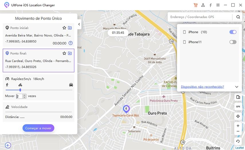 configurar os pontos de início e término no mapa