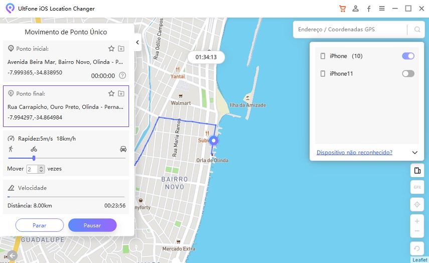 comece a simular o movimento entre os dois pontos