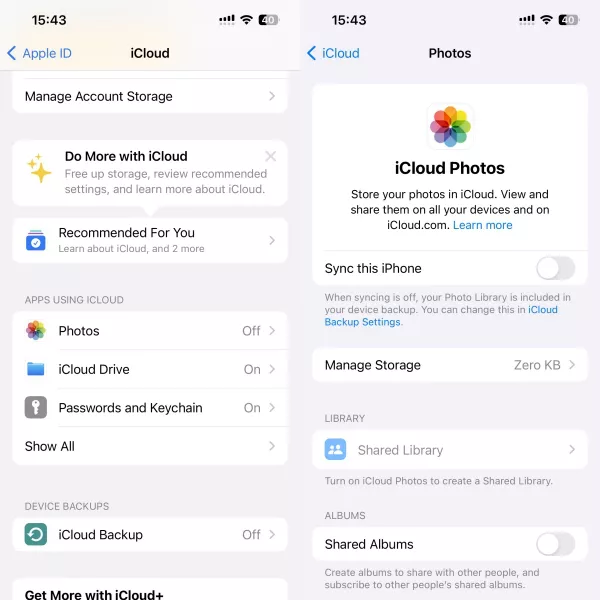 Desativar fotos do iCloud