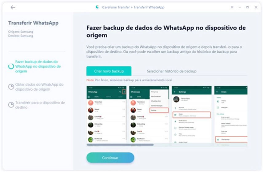 faça backup do whatsapp no dispositivo de origem antes da transferência
