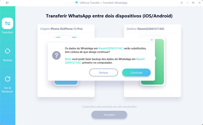 A transferência do whatsapp irá sobrescrever os dados existentes no dispositivo de destino