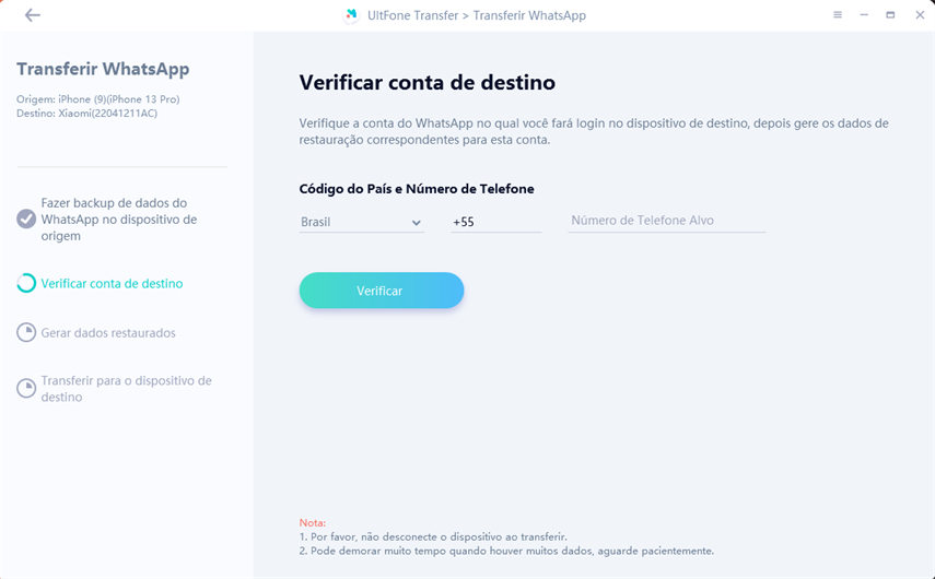 verifique a conta whatsapp no dispositivo de destino
