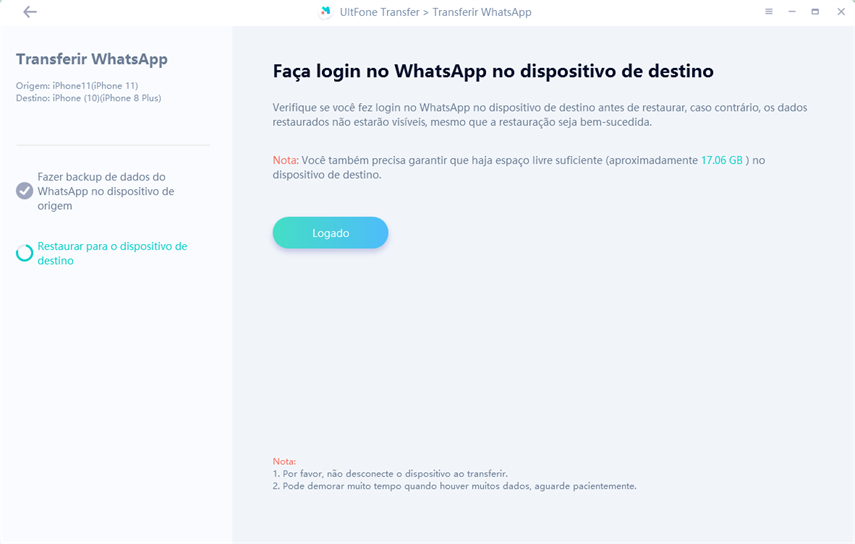 faça login no whatsapp no dispositivo de destino antes de transferir