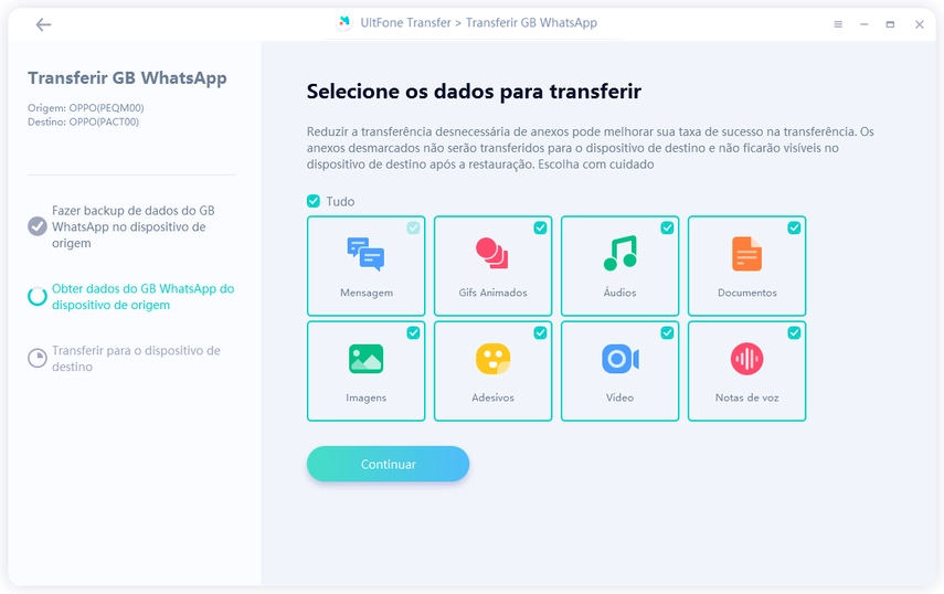 escolher dados do whatsapp gb para transferir